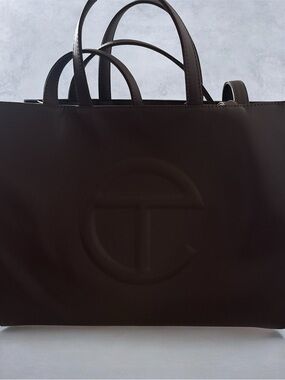 Telfar Black Leather Tote with Embossed Logo